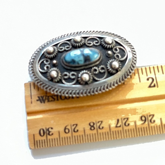 Midcentury 1940's Silver Filagree Brooch - Set with Blue stone - Picture 4 of 14